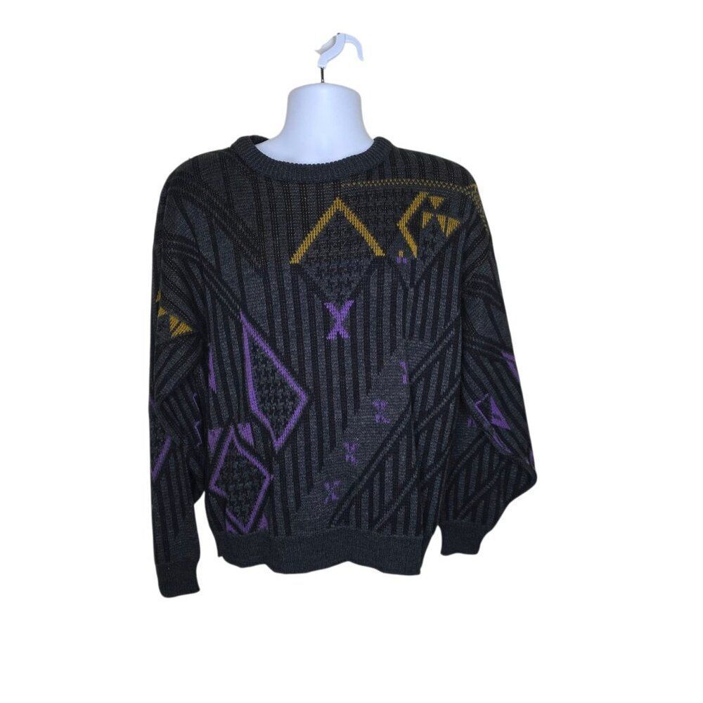 Mathias Vintage 80s Long Sleeve Pullover Geo Print Sweater Mens Size L Black
